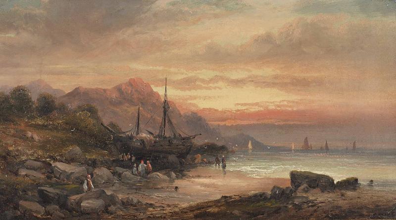 William Tomkins Coastal scene with islet and fishing folk oil painting picture